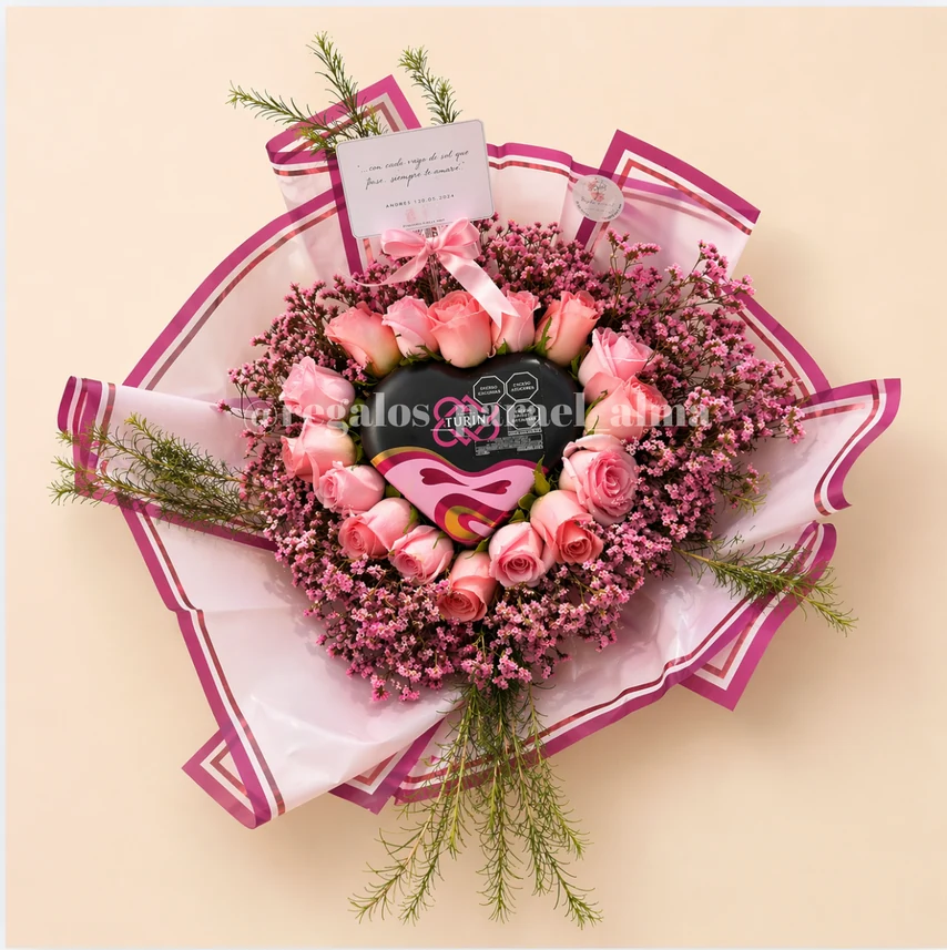 Ramo de rosas con un corazón de chocolates en el centro, de nuestro catálogo