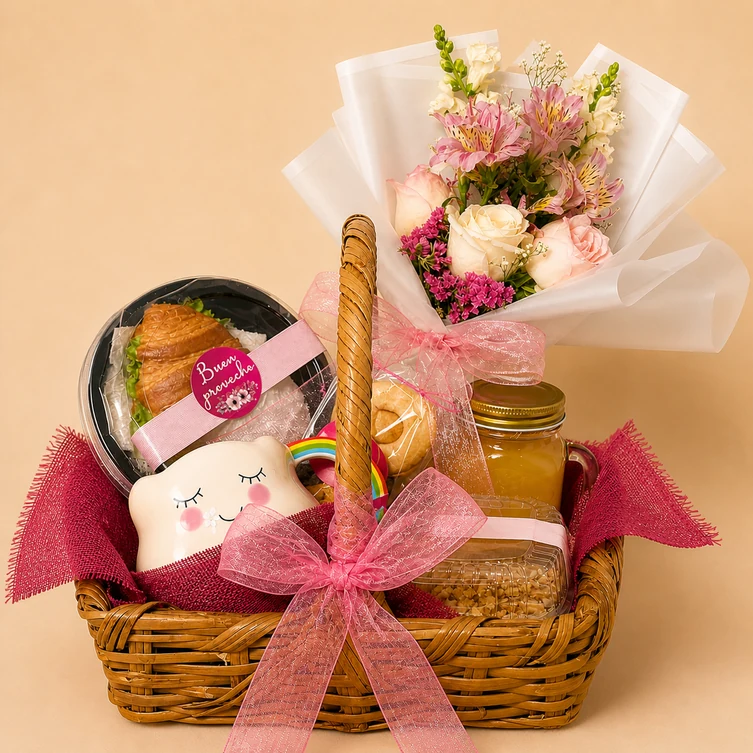 Desayuno en canasta con flores, taza, jugo y alimentos, decorado con un gran moño rosa
