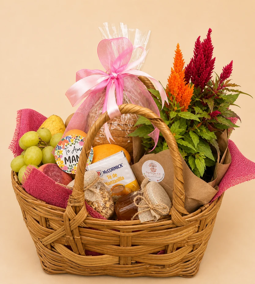 Canasta de frutas con pan, frascos, planta y un moño rosa